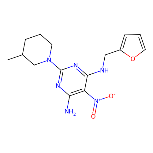 N-(furan-2-ylmethyl)-2-(3-methylpiperidin-1-yl)-5-nitropyrimidine-4,6-diamine structure