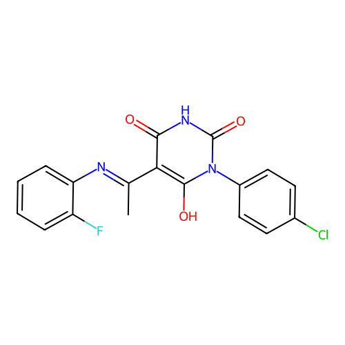 (5E)-1-(4-chlorophenyl)-5-[1-(2-fluoroanilino)ethylidene]-1,3-diazinane-2,4,6-trione structure