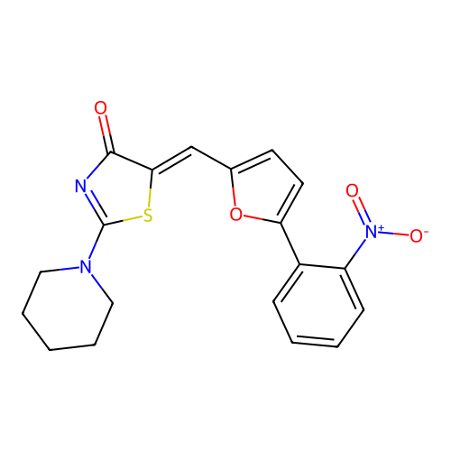 (Z)-5-((5-(2-nitrophenyl)furan-2-yl)methylene)-2-(piperidin-1-yl)thiazol-4(5H)-one structure