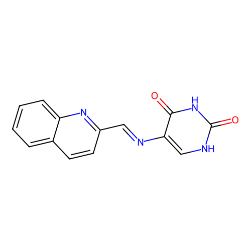 5-{[(E)-quinolin-2-ylmethylidene]amino}pyrimidine-2,4-diol structure