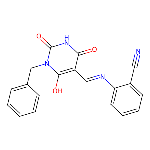 2-[(1-benzyl-2,4,6-trioxo-1,3-diazinan-5-ylidene)methylamino]benzonitrile structure