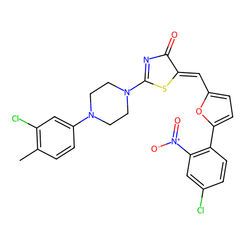 (5Z)-2-[4-(3-chloro-4-methylphenyl)piperazin-1-yl]-5-[[5-(4-chloro-2-nitrophenyl)furan-2-yl]methylidene]-1,3-thiazol-4-one structure