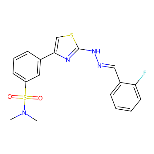 (E)-3-(2-(2-(2-fluorobenzylidene)hydrazinyl)thiazol-4-yl)-N,N-dimethylbenzenesulfonamide structure
