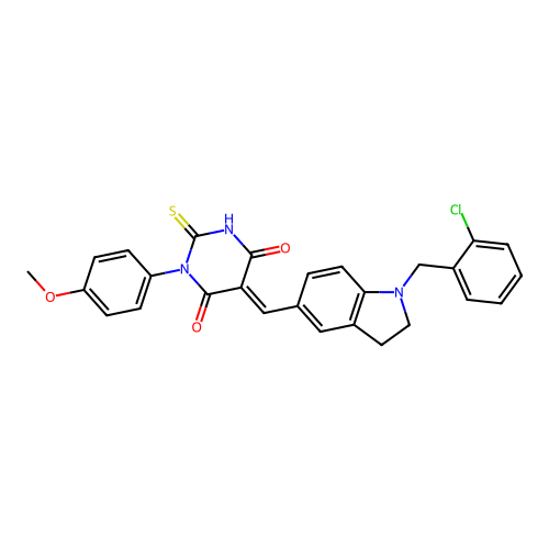 (5E)-5-[[1-[(2-chlorophenyl)methyl]-2,3-dihydroindol-5-yl]methylidene]-1-(4-methoxyphenyl)-2-sulfanylidene-1,3-diazinane-4,6-dione structure