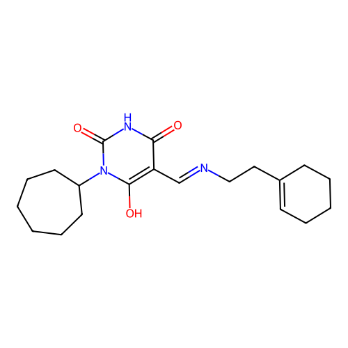1-cycloheptyl-5-[[2-(1-cyclohexenyl)ethylamino]methylidene]-1,3-diazinane-2,4,6-trione structure