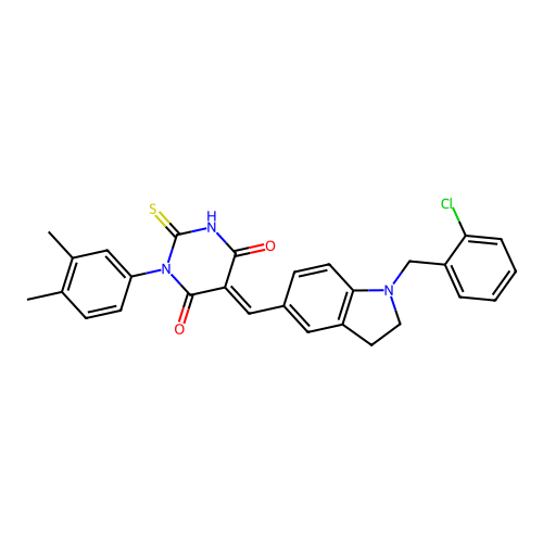 (5E)-5-[[1-[(2-chlorophenyl)methyl]-2,3-dihydroindol-5-yl]methylidene]-1-(3,4-dimethylphenyl)-2-sulfanylidene-1,3-diazinane-4,6-dione structure