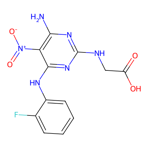 N-{4-amino-6-[(2-fluorophenyl)amino]-5-nitropyrimidin-2-yl}glycine structure