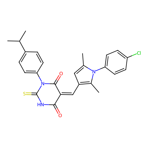 (5Z)-5-[[1-(4-chlorophenyl)-2,5-dimethylpyrrol-3-yl]methylidene]-1-(4-propan-2-ylphenyl)-2-sulfanylidene-1,3-diazinane-4,6-dione structure