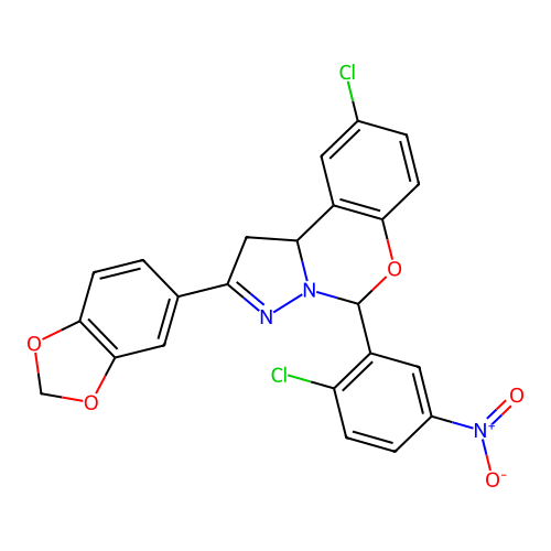 2-(1,3-benzodioxol-5-yl)-9-chloro-5-(2-chloro-5-nitrophenyl)-1,10b-dihydropyrazolo[1,5-c][1,3]benzoxazine structure