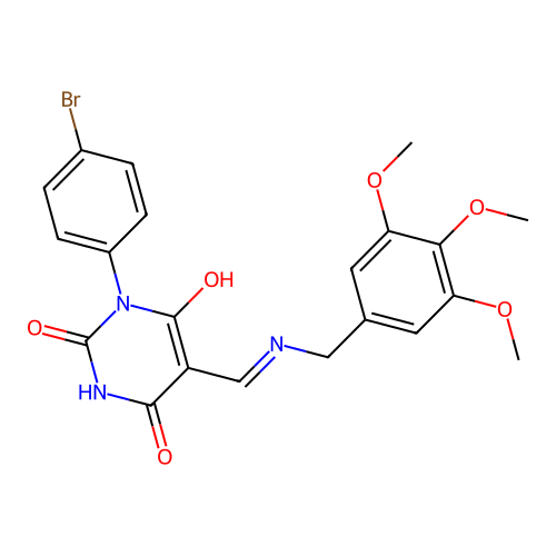 (E)-1-(4-bromophenyl)-5-(((3,4,5-trimethoxybenzyl)amino)methylene)pyrimidine-2,4,6(1H,3H,5H)-trione structure