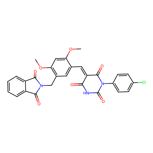 (5E)-1-(4-chlorophenyl)-5-[[5-[(1,3-dioxoisoindol-2-yl)methyl]-2,4-dimethoxyphenyl]methylidene]-1,3-diazinane-2,4,6-trione structure