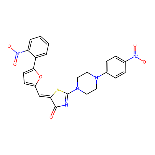(Z)-5-((5-(2-nitrophenyl)furan-2-yl)methylene)-2-(4-(4-nitrophenyl)piperazin-1-yl)thiazol-4(5H)-one structure