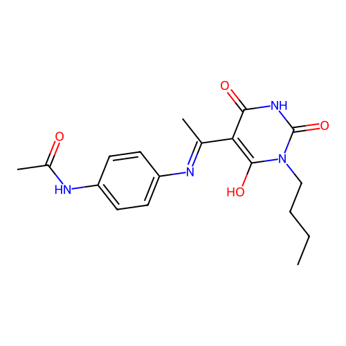 N-[4-[[(1E)-1-(1-butyl-2,4,6-trioxo-1,3-diazinan-5-ylidene)ethyl]amino]phenyl]acetamide structure