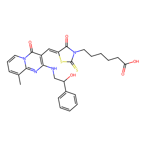 6-[(5Z)-5-({2-[(2-hydroxy-2-phenylethyl)amino]-9-methyl-4-oxo-4H-pyrido[1,2-a]pyrimidin-3-yl}methylidene)-4-oxo-2-thioxo-1,3-thiazolidin-3-yl]hexanoic acid structure