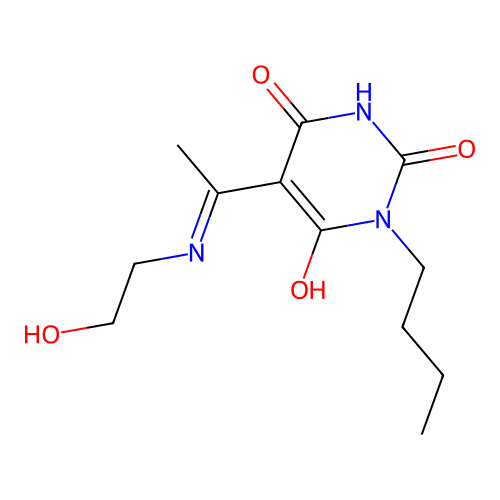 1-butyl-5-[1-(2-hydroxyethylamino)ethylidene]-1,3-diazinane-2,4,6-trione structure