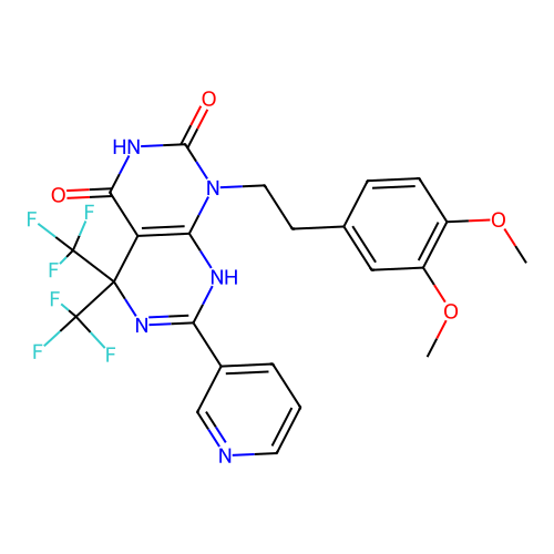 1-(3,4-dimethoxyphenethyl)-7-(pyridin-3-yl)-5,5-bis(trifluoromethyl)-5,8-dihydropyrimido[4,5-d]pyrimidine-2,4(1H,3H)-dione structure