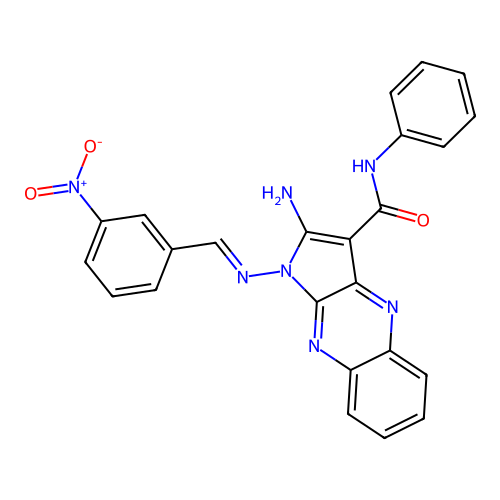 (E)-2-amino-1-((3-nitrobenzylidene)amino)-N-phenyl-1H-pyrrolo[2,3-b]quinoxaline-3-carboxamide structure