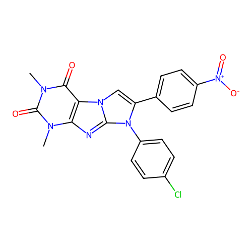 8-(4-chlorophenyl)-1,3-dimethyl-7-(4-nitrophenyl)-1H-imidazo[2,1-f]purine-2,4(3H,8H)-dione structure