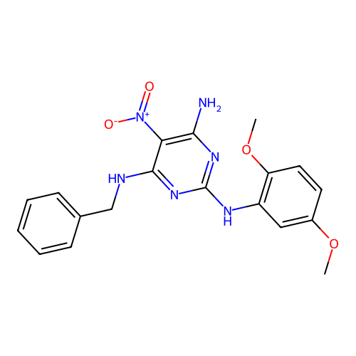 N'-Benzyl-N-(2,5-dimethoxy-phenyl)-5-nitro-pyrimidine-2,4,6-triamine structure