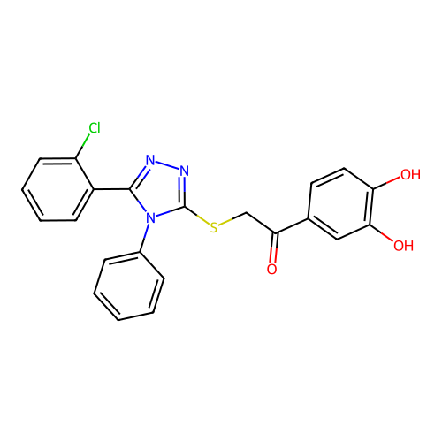 2-[[5-(2-chlorophenyl)-4-phenyl-1,2,4-triazol-3-yl]sulfanyl]-1-(3,4-dihydroxyphenyl)ethanone structure
