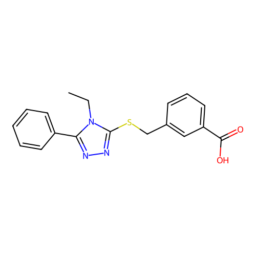 3-{[(4-ethyl-5-phenyl-4H-1,2,4-triazol-3-yl)sulfanyl]methyl}benzoic acid structure