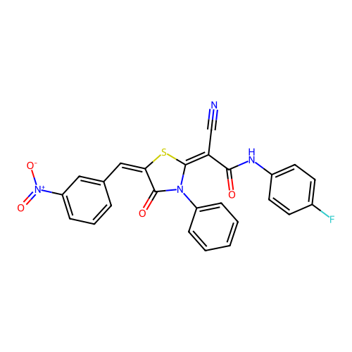 (E)-2-cyano-N-(4-fluorophenyl)-2-((E)-5-(3-nitrobenzylidene)-4-oxo-3-phenylthiazolidin-2-ylidene)acetamide structure