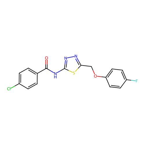 4-chloro-N-(5-((4-fluorophenoxy)methyl)-1,3,4-thiadiazol-2-yl)benzamide structure