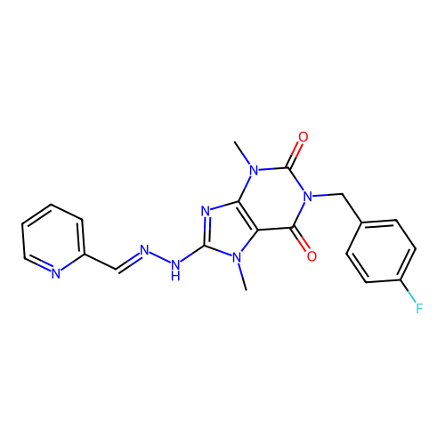 (E)-1-(4-fluorobenzyl)-3,7-dimethyl-8-(2-(pyridin-2-ylmethylene)hydrazinyl)-1H-purine-2,6(3H,7H)-dione structure