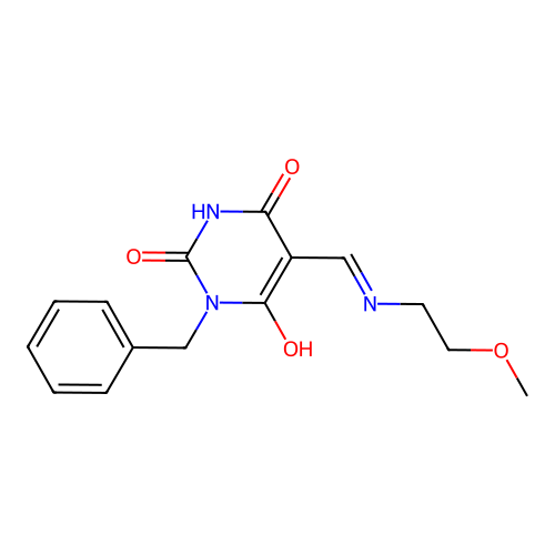 1-benzyl-5-[(2-methoxyethylamino)methylidene]-1,3-diazinane-2,4,6-trione structure