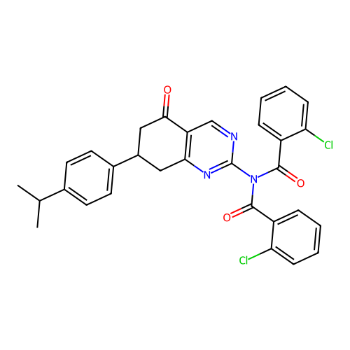 2-chloro-N-(2-chlorobenzoyl)-N-(7-(4-isopropylphenyl)-5-oxo-5,6,7,8-tetrahydroquinazolin-2-yl)benzamide structure