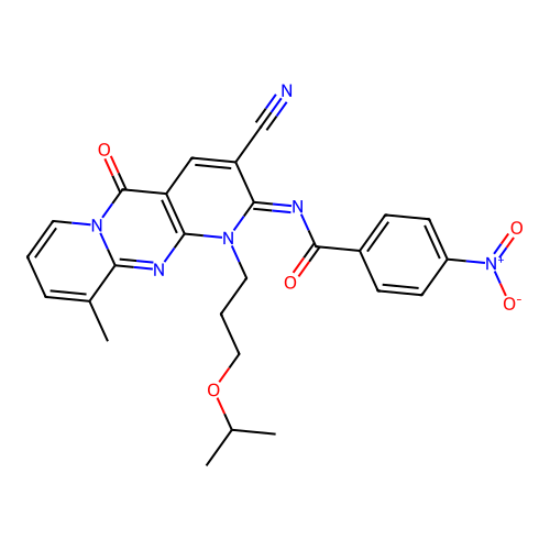 (E)-N-(3-cyano-1-(3-isopropoxypropyl)-10-methyl-5-oxo-1H-dipyrido[1,2-a:2',3'-d]pyrimidin-2(5H)-ylidene)-4-nitrobenzamide structure