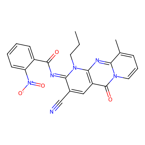 (E)-N-(3-cyano-10-methyl-5-oxo-1-propyl-1H-dipyrido[1,2-a:2',3'-d]pyrimidin-2(5H)-ylidene)-2-nitrobenzamide structure