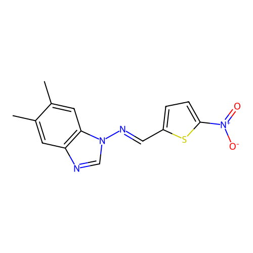 N-(5,6-dimethylbenzimidazol-1-yl)-1-(5-nitrothiophen-2-yl)methanimine structure