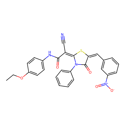 (2E)-2-cyano-N-(4-ethoxyphenyl)-2-[(5E)-5-(3-nitrobenzylidene)-4-oxo-3-phenyl-1,3-thiazolidin-2-ylidene]ethanamide structure