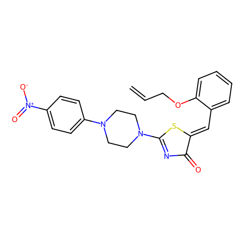 (Z)-5-(2-(allyloxy)benzylidene)-2-(4-(4-nitrophenyl)piperazin-1-yl)thiazol-4(5H)-one structure