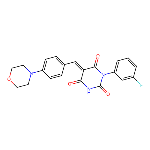 (E)-1-(3-fluorophenyl)-5-(4-morpholinobenzylidene)pyrimidine-2,4,6(1H,3H,5H)-trione structure