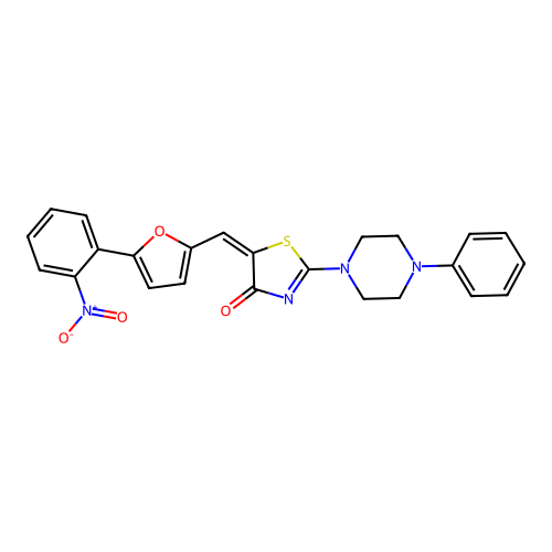 5-[[5-(2-nitrophenyl)-2-furyl]methylidene]-2-(4-phenylpiperazin-1-yl)-1,3-thiazol-4-one structure