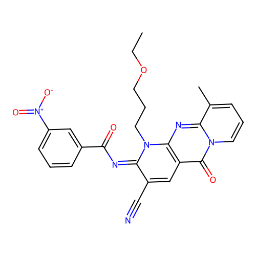 (E)-N-(3-cyano-1-(3-ethoxypropyl)-10-methyl-5-oxo-1H-dipyrido[1,2-a:2',3'-d]pyrimidin-2(5H)-ylidene)-3-nitrobenzamide structure