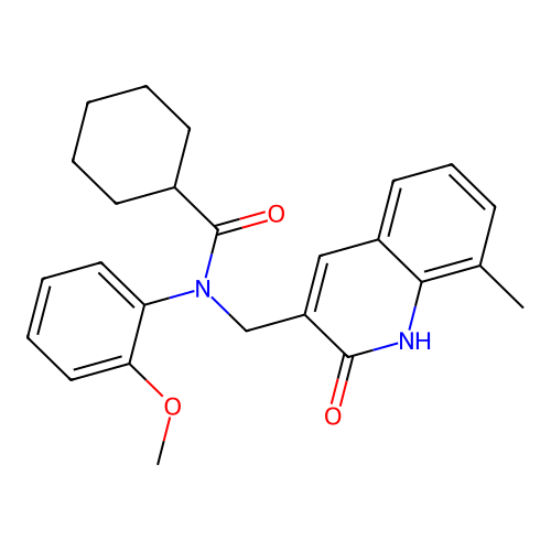 N-((2-hydroxy-8-methylquinolin-3-yl)methyl)-N-(2-methoxyphenyl)cyclohexanecarboxamide structure