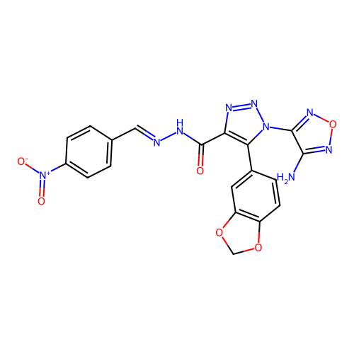 (E)-1-(4-amino-1,2,5-oxadiazol-3-yl)-5-(benzo[d][1,3]dioxol-5-yl)-N'-(4-nitrobenzylidene)-1H-1,2,3-triazole-4-carbohydrazide structure