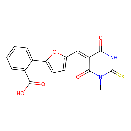 2-{5-[(Z)-(1-methyl-4,6-dioxo-2-sulfanyl-1,6-dihydropyrimidin-5(4H)-ylidene)methyl]furan-2-yl}benzoic acid structure
