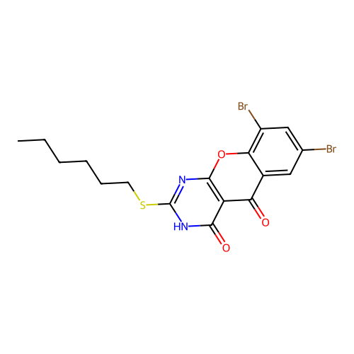 7,9-dibromo-2-(hexylthio)-3H-chromeno[2,3-d]pyrimidine-4,5-dione structure