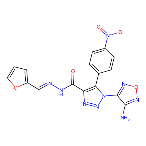 (E)-1-(4-amino-1,2,5-oxadiazol-3-yl)-N'-(furan-2-ylmethylene)-5-(4-nitrophenyl)-1H-1,2,3-triazole-4-carbohydrazide structure
