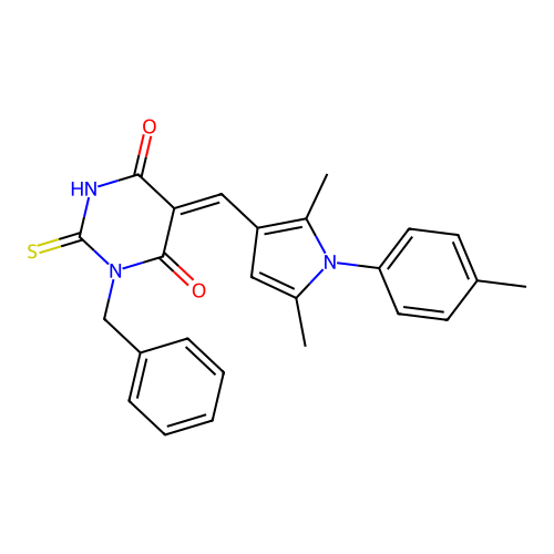 (5Z)-1-benzyl-5-[[2,5-dimethyl-1-(4-methylphenyl)pyrrol-3-yl]methylidene]-2-sulfanylidene-1,3-diazinane-4,6-dione structure