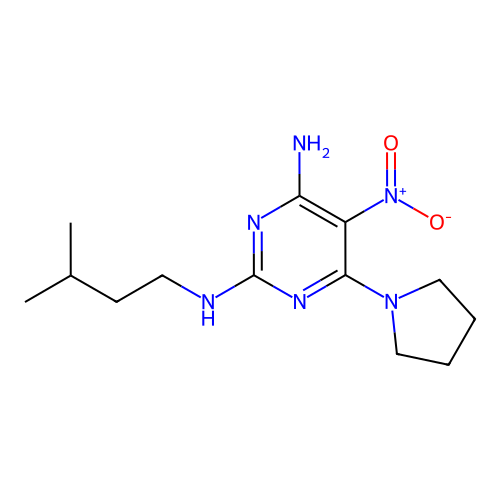 N~2~-(3-methylbutyl)-5-nitro-6-(pyrrolidin-1-yl)pyrimidine-2,4-diamine structure