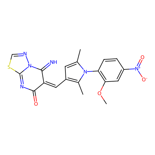 (E)-5-imino-6-((1-(2-methoxy-4-nitrophenyl)-2,5-dimethyl-1H-pyrrol-3-yl)methylene)-5H-[1,3,4]thiadiazolo[3,2-a]pyrimidin-7(6H)-one structure