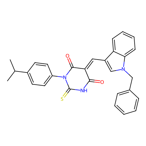(5E)-5-[(1-benzyl-1H-indol-3-yl)methylidene]-1-[4-(propan-2-yl)phenyl]-2-sulfanylpyrimidine-4,6(1H,5H)-dione structure