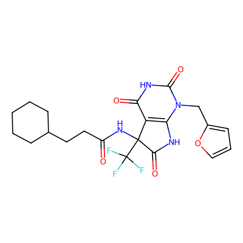 3-cyclohexyl-N-(1-(furan-2-ylmethyl)-2,4,6-trioxo-5-(trifluoromethyl)-2,3,4,5,6,7-hexahydro-1H-pyrrolo[2,3-d]pyrimidin-5-yl)propanamide structure