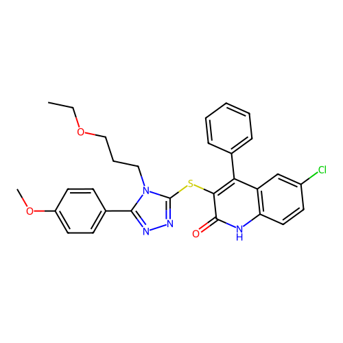 6-chloro-3-{[4-(3-ethoxypropyl)-5-(4-methoxyphenyl)-4H-1,2,4-triazol-3-yl]sulfanyl}-4-phenylquinolin-2-ol structure