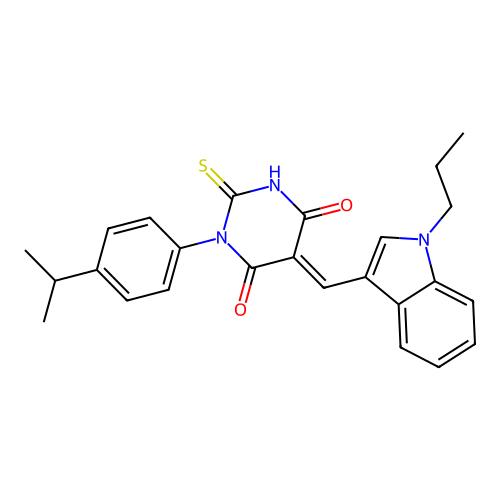 (5E)-1-(4-propan-2-ylphenyl)-5-[(1-propylindol-3-yl)methylidene]-2-sulfanylidene-1,3-diazinane-4,6-dione structure